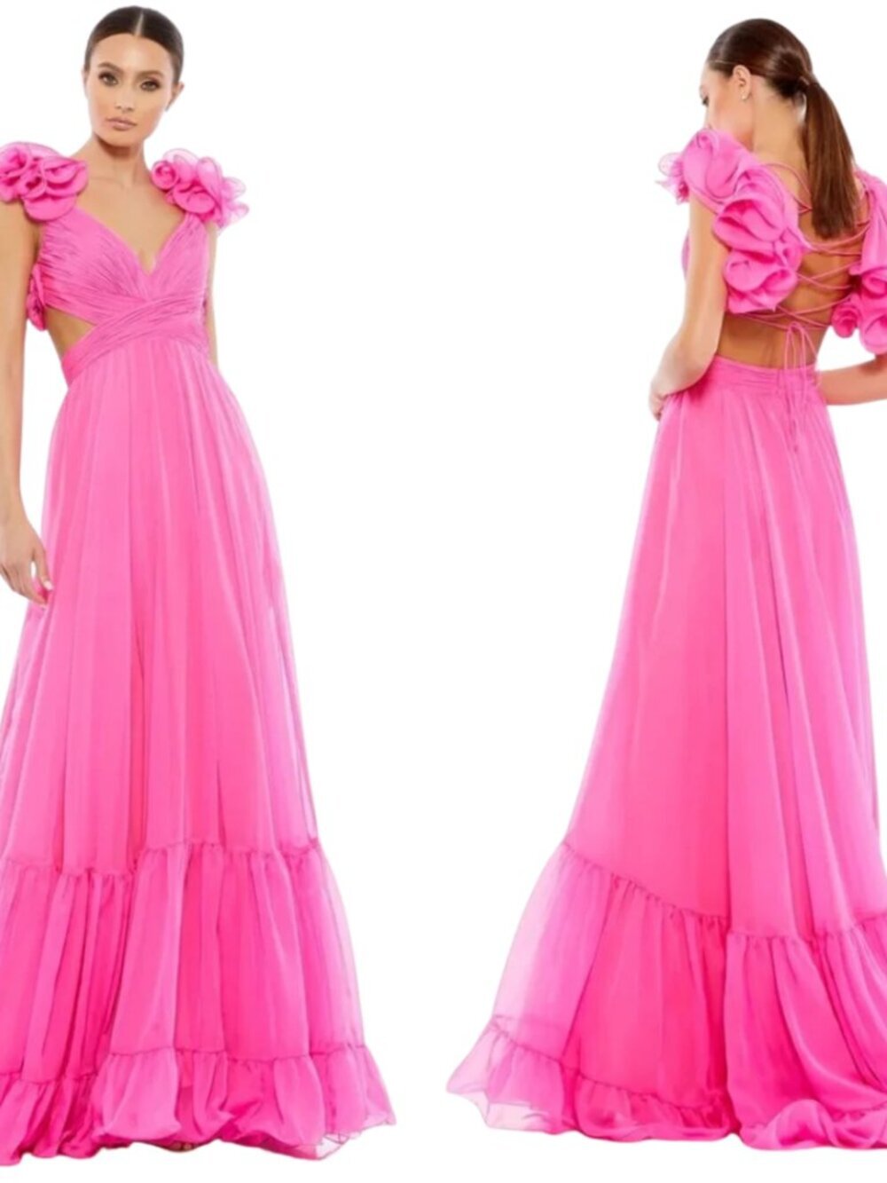 Mac Duggal Ruffle Tiered Cut-Out Chiffon Gown Womens 4 Hot Pink Formal 67911 NWT